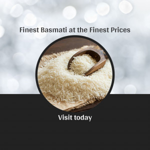 Close-up of Basmati rice in a wooden scoop on parchment paper with promotional text.
