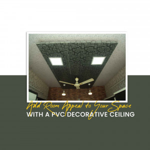 Close-up of a modern PVC decorative ceiling with recessed lighting and a ceiling fan.