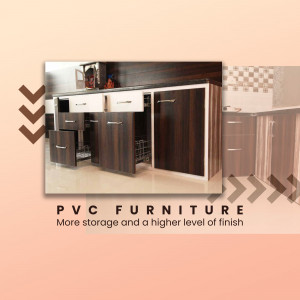 Image of brown and white PVC kitchen cabinets with ample storage space.