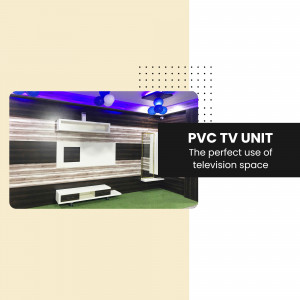 PVC TV unit in a living room with modern design and lighting