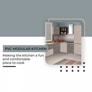 Image of a modern PVC modular kitchen with a grey and white color scheme.
