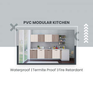Image of a modern, light-colored PVC modular kitchen with a clean design.