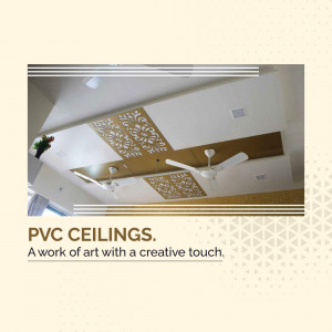Intricate PVC ceiling with a floral pattern and ceiling fan
