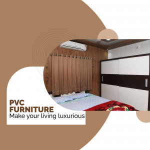 Modern bedroom interior with PVC furniture and a sliding wardrobe.