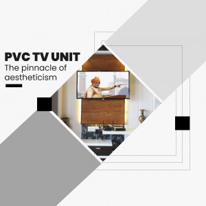Modern TV unit with a woman pointing at the screen