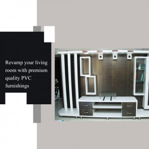Modern living room with white and brown PVC wall unit and furniture