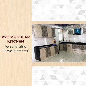 Modern PVC modular kitchen with grey and black cabinets