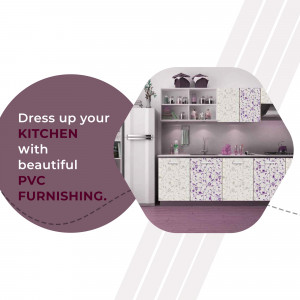 Modern kitchen with PVC furnishing and text overlay promoting kitchen upgrades.