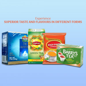 Assortment of tea boxes and pouches from different brands.