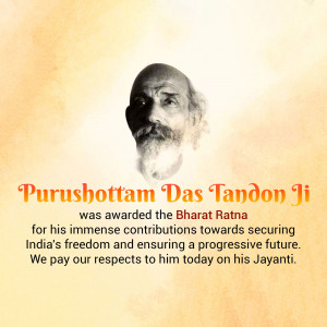 Portrait of Purushottam Das Tandon Ji with text commemorating his Bharat Ratna award and Jayanti.