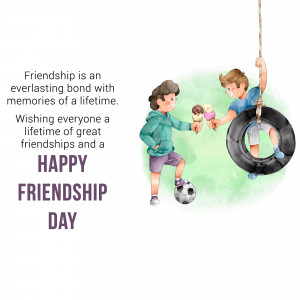 Two boys enjoying ice cream and swinging on a tire, with a Friendship Day message.