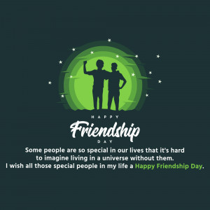 Two silhouetted figures standing together with a green and dark blue background and 'Happy Friendship Day' text.