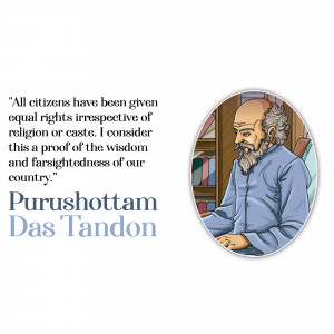 Portrait of Purushottam Das Tandon with a quote about equal rights.