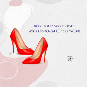 Pair of red high heels on a pink and white abstract background with text.