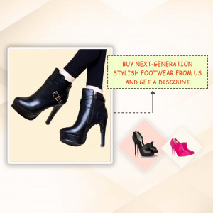 Black platform booties with buckle detail and a promotional offer for footwear.