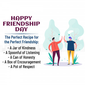 Illustration depicting two friends giving a high five with text celebrating Friendship Day and listing ingredients for a perfect friendship.