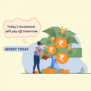 Illustration of a woman watering a tree growing Indian Rupees.