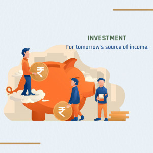Illustration of people with a piggy bank and rupee symbols, representing investment for future income.