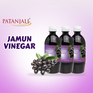 Three bottles of Patanjali Jamun Vinegar with Jamun fruit