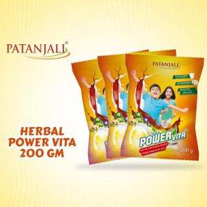 Three packs of Patanjali Herbal Power Vita 200gm supplement against a yellow background.