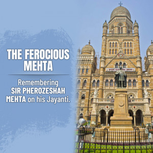 Image of the Chhatrapati Shivaji Maharaj Terminus and a statue with text commemorating Sir Pheroze Shah Mehta