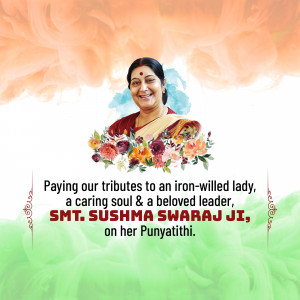 Portrait of Sushma Swaraj with floral decorations and Indian flag background