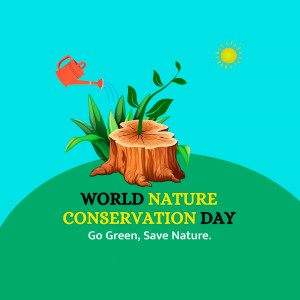 Illustration of a plant growing from a tree stump with a watering can, celebrating World Nature Conservation Day.