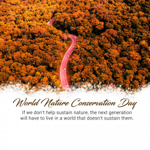 A winding road through a vibrant autumn forest with text promoting World Nature Conservation Day.