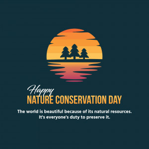Illustration of a sunset over water with trees and text 'Happy Nature Conservation Day'