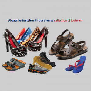 A diverse collection of shoes including heels, sandals, sneakers, and flip-flops.