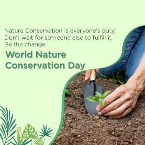 Hands planting a seedling in soil with text promoting nature conservation.