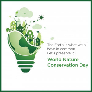 Illustration of a lightbulb shaped like the Earth with buildings and nature inside, promoting World Nature Conservation Day.