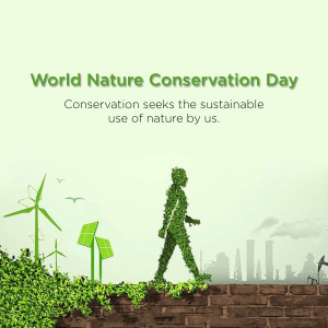 Image depicting World Nature Conservation Day with a silhouette of a person filled with leaves and renewable energy sources.