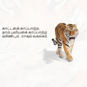 A striking portrait of a tiger walking towards the viewer with Tamil text overlay.
