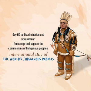 Illustration of a Native American man in traditional attire with text promoting inclusivity and support for Indigenous communities.