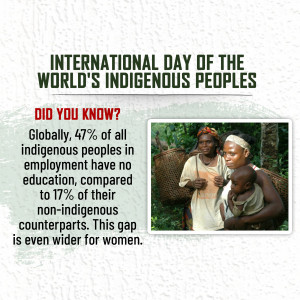 Image commemorating International Day of the World's Indigenous Peoples with statistics on employment and education.