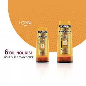 Two bottles of L'Oréal Paris 6 Oil Nourish Conditioner against a textured orange background.
