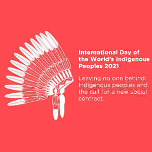 White outline of a Native American headdress on a red background with text commemorating the International Day of the World's Indigenous Peoples.