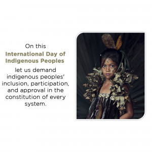 Portrait of a young Indigenous girl with traditional adornments and text commemorating the International Day of Indigenous Peoples.