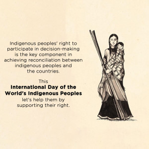 Illustration of an Indigenous mother carrying a baby, with text about Indigenous rights and reconciliation.