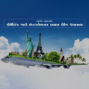 Airplane flying over iconic landmarks like the Statue of Liberty and Eiffel Tower.