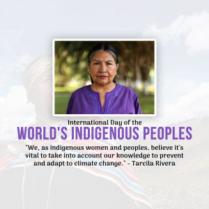 Portrait of an Indigenous woman with text commemorating the International Day of the World's Indigenous Peoples.