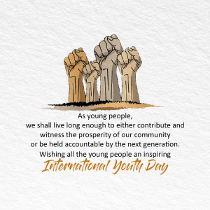 Raised fists representing unity and youth empowerment with text celebrating International Youth Day.