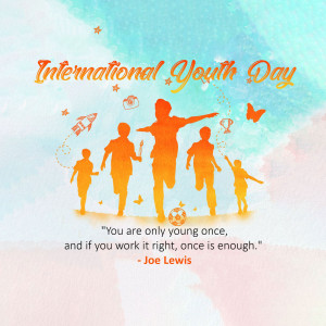 Illustration of children running towards a bright future with text 'International Youth Day'