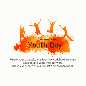 Silhouette of jumping people with orange splash and text 'International Youth Day'