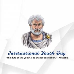 Illustration of Aristotle with text 'International Youth Day' and a quote.