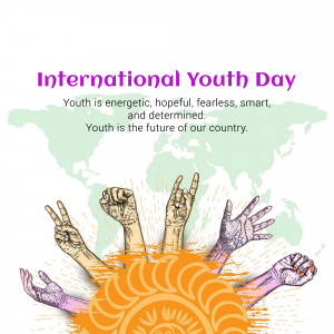 International Youth Day graphic with raised hands and a world map