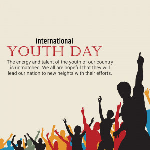 Image commemorating International Youth Day with silhouettes of people raising their hands.