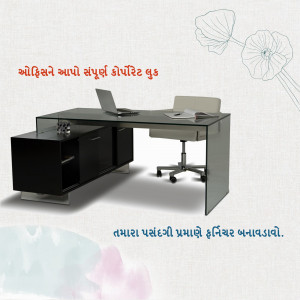 Black glass office desk with white chair and floral accents