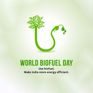 Illustration depicting a fuel nozzle forming the shape of a tree, with the text 'World Biofuel Day'